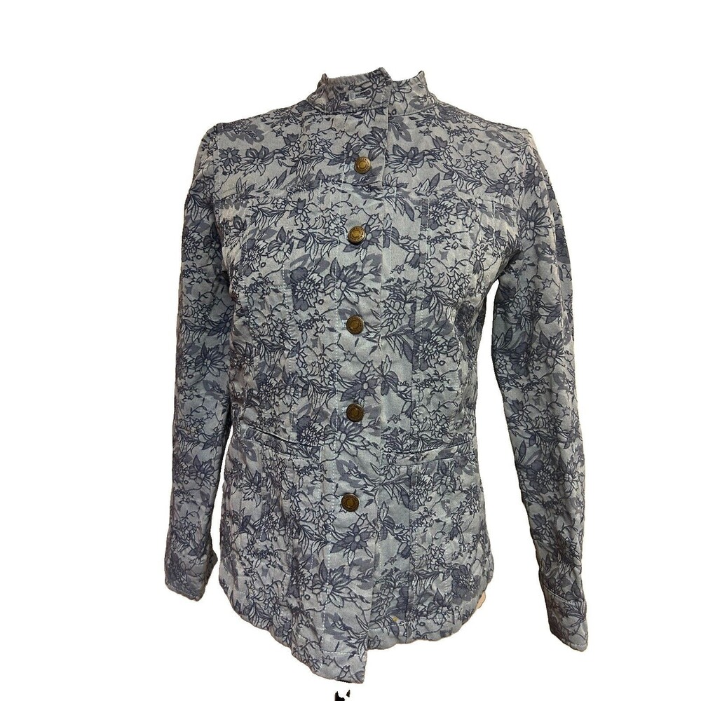 Kim Rogers Womens Petite Medium Jacket Blue Floral Career Button Up